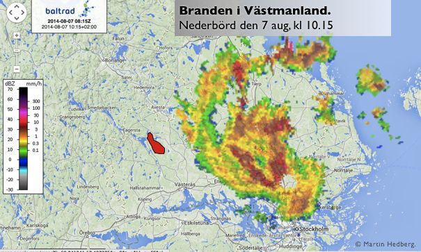 Karta över regn och branden i Västmanland