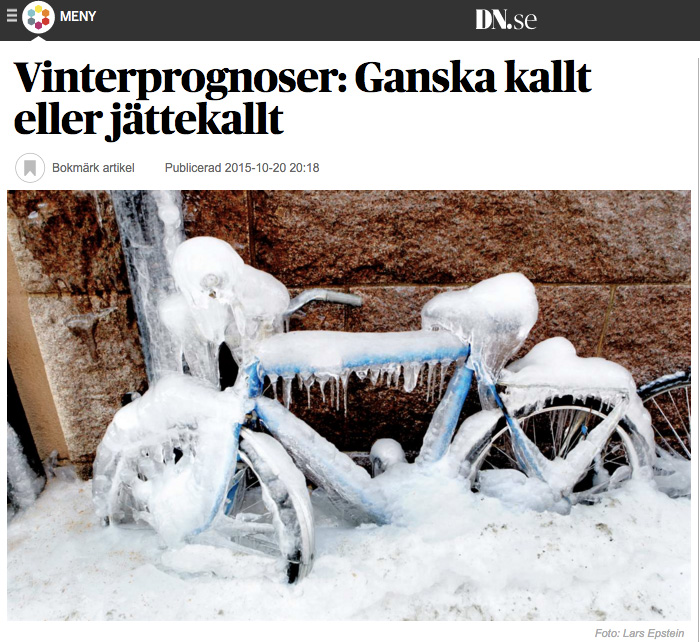Skärmdump från DN.se den 20 oktober 2015. Rubrik och bild anger "vargavinter", men löptext och framför allt källorna säger att det skall bli en normal vinter.