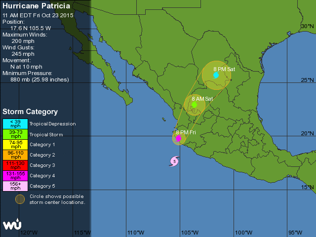 Tropiska cyklonen Patricias beräknade trajektorie (rörelse).