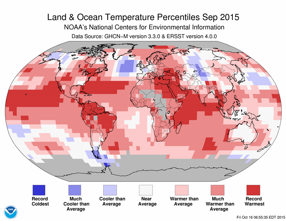Temperatur-percentiler för september 2015 som visar extremvärme och kyla. Credit NOAA.