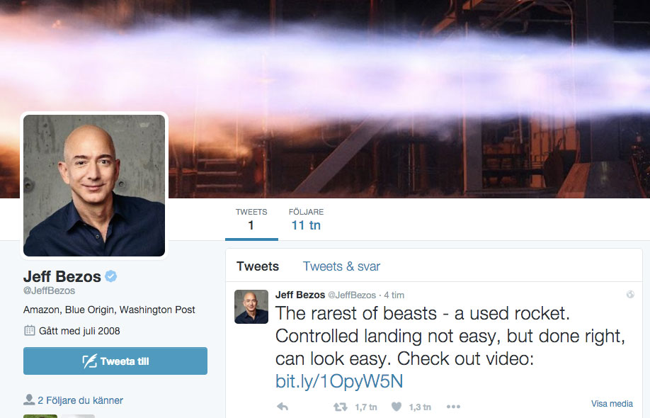 Jeff Bezos enda tweet. Och 11.000 följare efter fyra timmar.