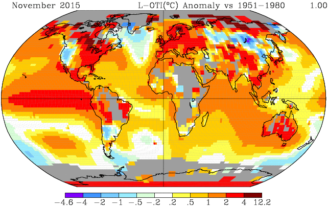 Globala temperaturavvikelser i november 2015 jämfört med referensperioden 1951-80. Källa: NASA.