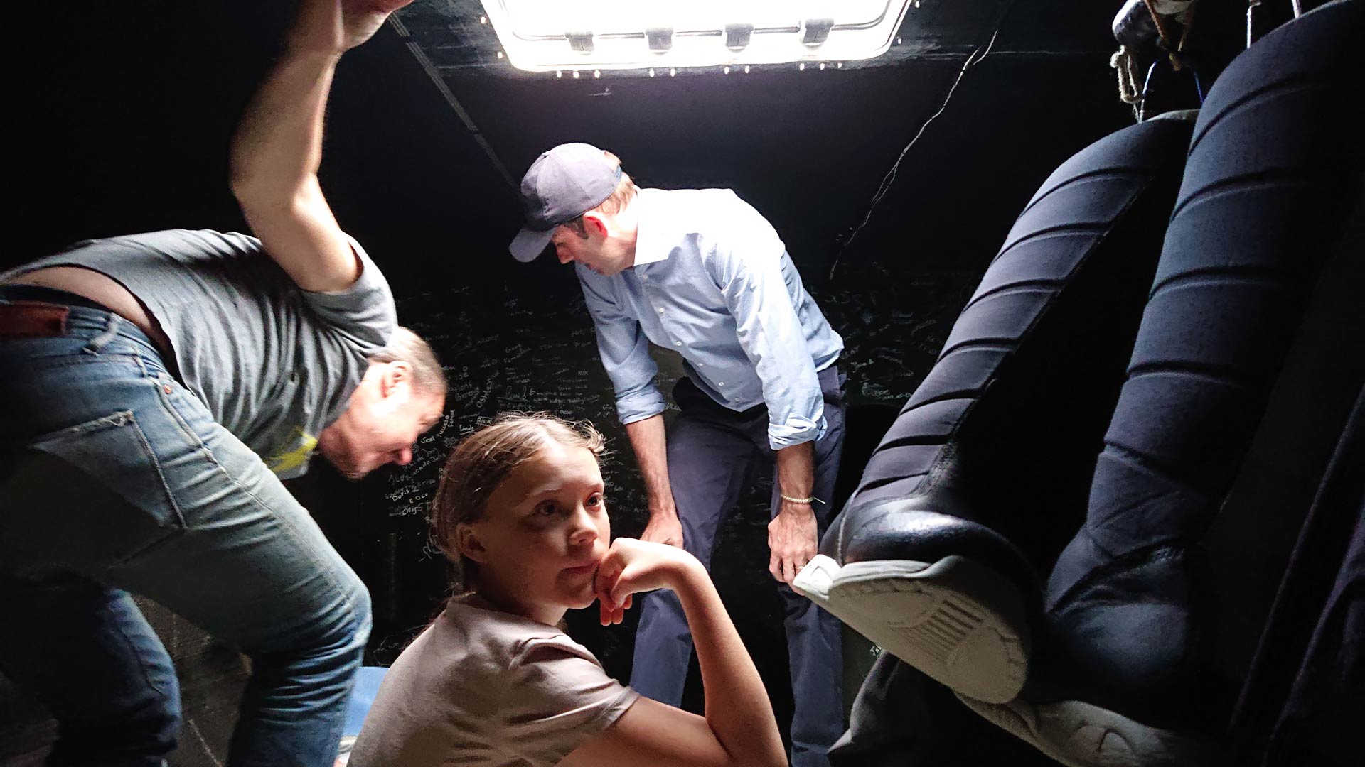 Greta Thunberg with her father Svante Thunberg and Richard Brisius, The Ocean Race